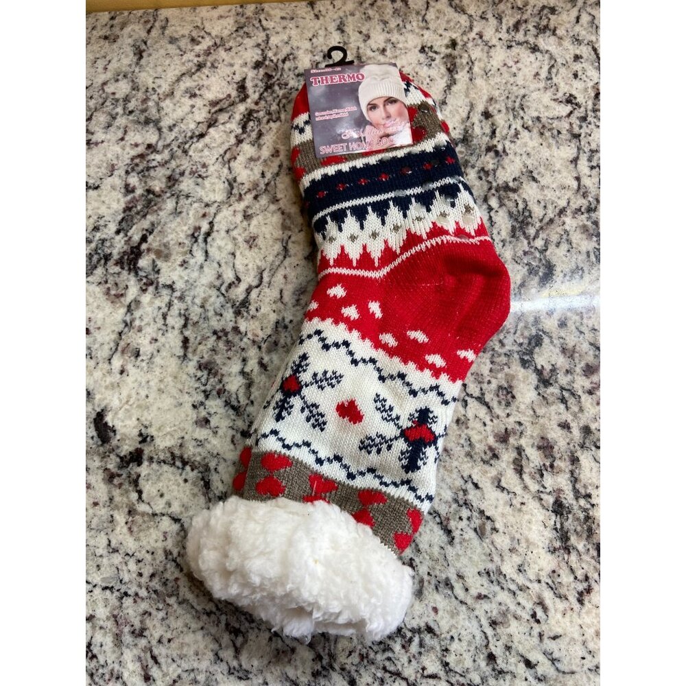 Thermo Sherpa Lined Slipper Sock Sz 38-42 Red Nordic Fleece Non-Slip Winter Cozy